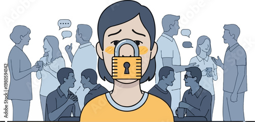 A person's mouth is locked with a padlock, symbolizing censorship amidst a crowd