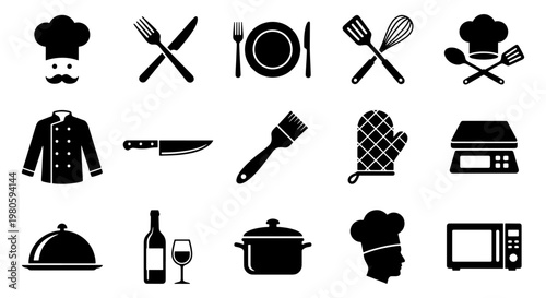 Kitchen cooking icons set, 15 black vector elements for restaurant menu design, professional chef and culinary tools collection, food preparation symbols