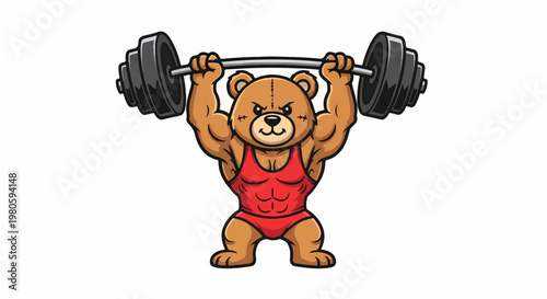 Muscular cartoon bear in red singlet lifts heavy barbell overhead in gym pose