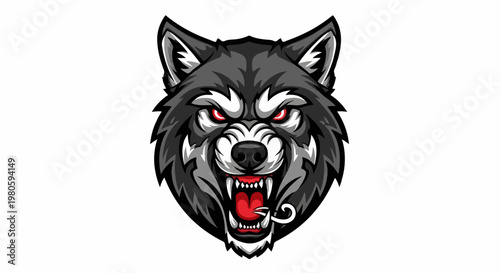 Fierce wolf head with sharp teeth and glowing red eyes, detailed fur, fierce expression