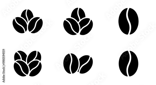 Minimalist coffee bean icon set, black silhouette coffee seed vector elements, roasted bean symbols for cafe branding and menu design