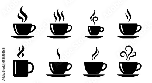 Minimalist coffee cup icons set, black steaming tea mug silhouettes, 8 vector hot drink symbols for cafe menu design and branding