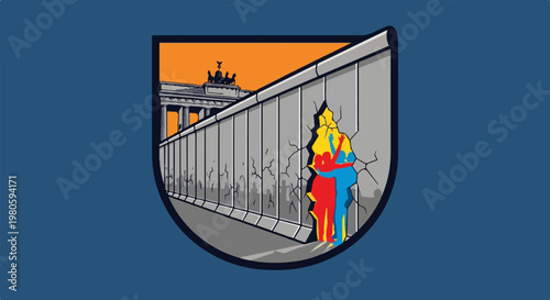 A cracked wall reveals colorful embracing figures against a city backdrop