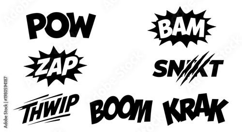 Comic book sound effects set, black and white onomatopoeia vector icons, vintage superhero action bubbles with Pow Bam Zap Boom Krak Thwip and Snikt