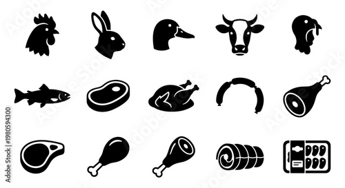 Butcher shop icons set, 15 black meat and farm animal vector symbols, fresh protein products for grocery and restaurant menus