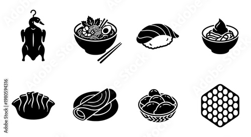 Asian food icon set, black and white vector illustrations of sushi, ramen, peking duck and dim sum, 8 oriental cuisine elements for restaurant menus