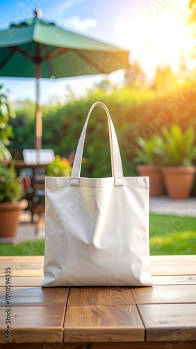 A white tote bag on a wooden table in a garden