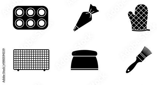 Baking tools icon set, black silhouette kitchen utensils for pastry making, 6 vector elements including muffin pan and piping bag