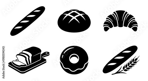 Bakery icon set with 6 black vector elements, bread loaf and baguette silhouettes, croissant and donut symbols for cafe menu design