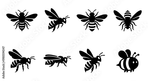 Honey bee silhouette vector set, black bumblebee icons collection, flying insect graphic elements for honey packaging and nature branding