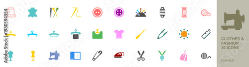 Editable sewing and fashion production icon set with 30 colorful vector symbols featuring needles, buttons, thread, hangers, mannequins, scissors, irons, and tailoring equipment for creative use.