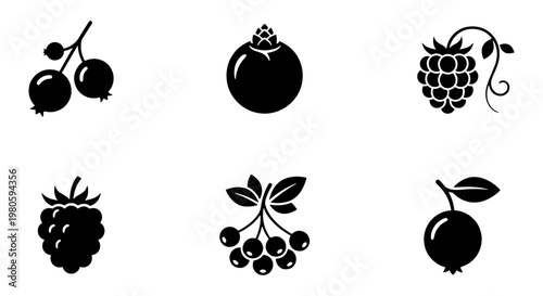 Minimalist berry icon set, black silhouette fruit vector elements, collection of 6 organic forest berries for food packaging and menu design