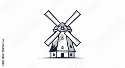 Stylized line art of a classic windmill with rotating blades against a white background