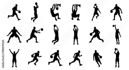 Basketball player silhouettes collection, 18 athlete poses in black vector format, professional basketball action set for sports branding and design