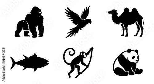 Minimalist animal silhouettes collection, set of 6 black vector icons, wild animal logo elements including gorilla, panda, parrot, and camel