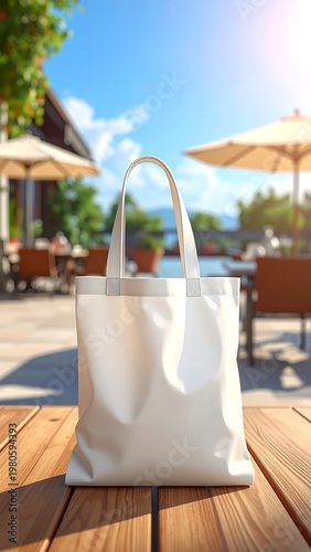A white tote bag on a wooden table by the poolside