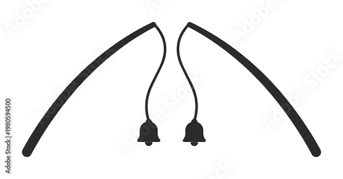 Minimalist fishing rod silhouette with bite alarm bells, black fishing pole vector icon, outdoor angling equipment graphic for sport fishing