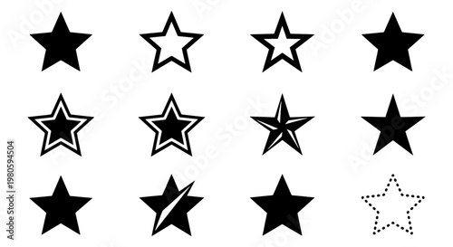 Minimalist black star icons set, collection of 12 geometric star shapes in various styles, flat vector star symbols for rating and ranking systems