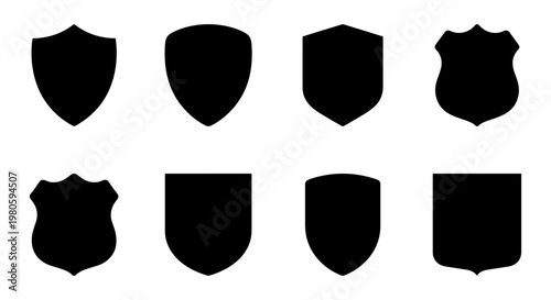 Shield silhouette icon set with 8 vector elements, heraldic coat of arms frames, black security badges and protection symbols for logo design