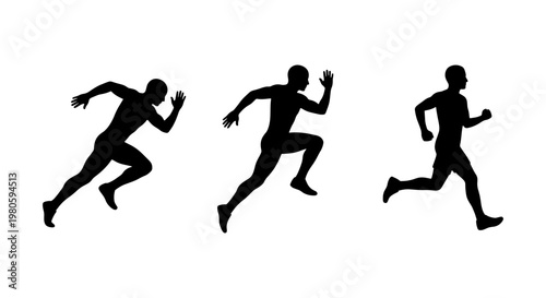 Athletic running man silhouettes, male sprinter in motion sequence, black vector figures of joggers and athletes for sports design