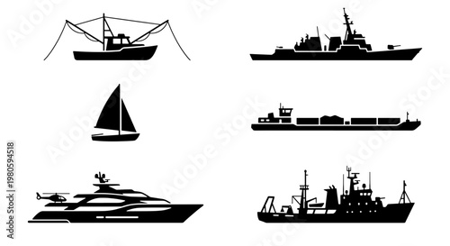 Maritime vessel silhouette set, collection of 6 nautical ship icons, black vector boat shapes for marine transport and naval industry design
