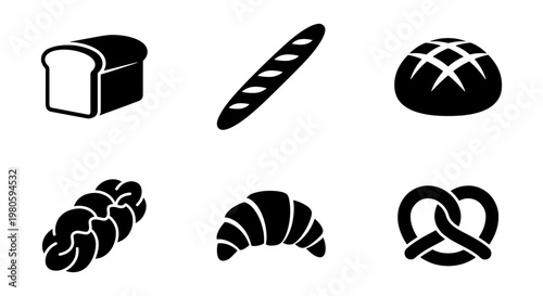 Minimalist bakery bread icon set, black silhouette vector collection of 6 bakery items, fresh bread loaf, baguette, croissant and pretzel icons