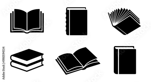 Minimalist book icon set, black silhouette library symbols, collection of 6 vector book illustrations for education and reading apps