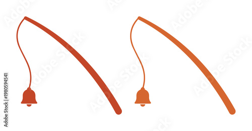 Minimalist fishing rod icons with bite alarm bells, orange gradient fishing pole vector set, outdoor angling equipment symbols for sports apps