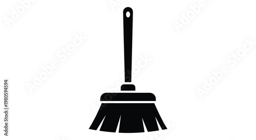 Simple black silhouette of a broom standing upright against a white background silhouette