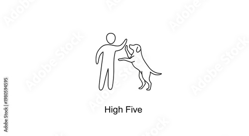 A simple line art illustration of a person giving a high five to a dog.