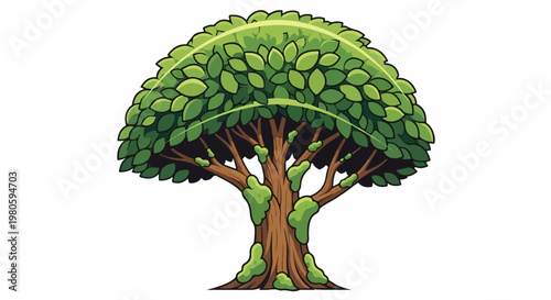 A cartoonish, pixelated tree with a lush green canopy and a moss-covered trunk, set against a white background