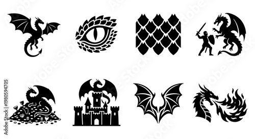 Fantasy dragon icons set, black silhouette mythical creature symbols, 8 vector elements including dragon eye, fire breathing wyvern, and castle