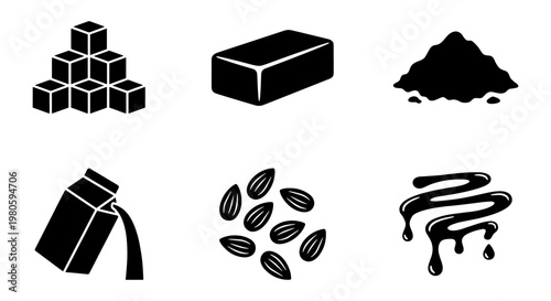 Baking ingredients icon set, black silhouette food elements including sugar cubes and butter, 6 vector icons for cooking and pastry recipes