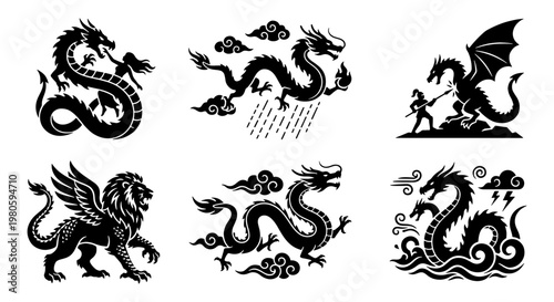 Mythical dragon and creature silhouettes, set of 6 fantasy beast icons, black vector illustrations of legendary monsters and winged griffins