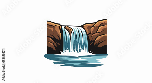 A stylized illustration of a powerful waterfall cascading over rocky cliffs into a calm body of water