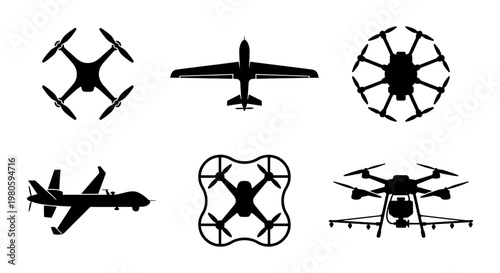 Unmanned aerial vehicle silhouettes, set of 6 drone icons and military UAV vectors, black quadcopter and fixed-wing aircraft symbols on white background