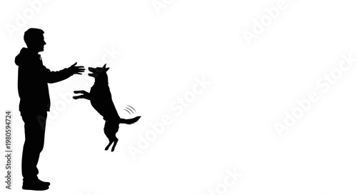 Silhouette of a man playing and interacting with his jumping dog.