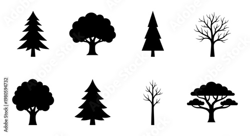 Black tree silhouettes collection, 8 vector icons of deciduous and coniferous trees, minimal forest plant shapes for landscape design and mapping