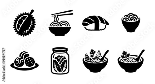 Asian food icon set with 8 black vector elements, traditional oriental cuisine symbols, durian fruit and ramen noodles, sushi and kimchi jar illustrations