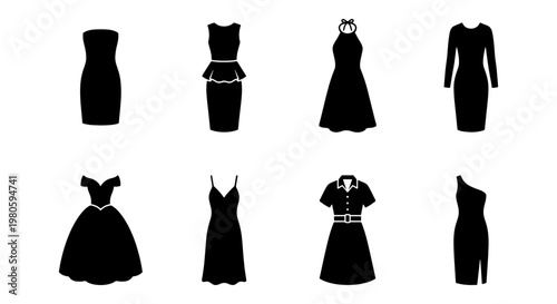 Black dress silhouette icons set, collection of 8 female fashion garment vectors, elegant evening gown and cocktail dress apparel symbols