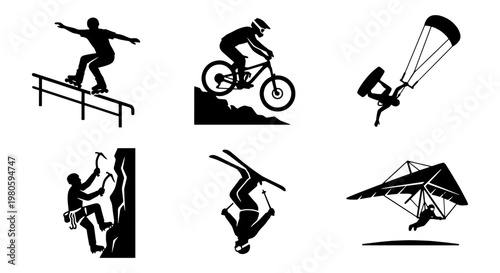 Extreme sports silhouette icons set, 6 black vector elements of outdoor adventure activities, mountain biking and rock climbing graphics