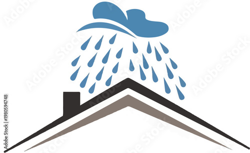 Blue cloud showering rain drops over a house roof