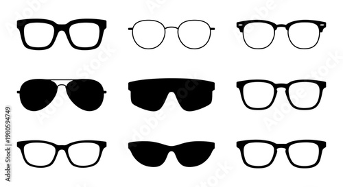 Black eyeglasses silhouette icons set, 9 vector eyewear frames and sunglasses, minimalist optical fashion accessories for vision correction