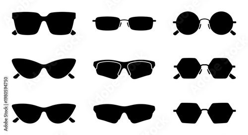 Black sunglasses silhouette icons set, modern eyewear frames collection, 9 vector fashion glasses shapes for summer and optical retail design