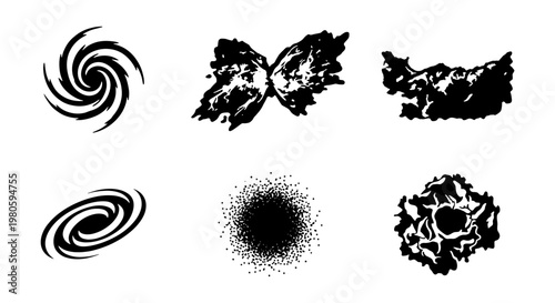 Black celestial galaxy silhouettes, set of 6 cosmic nebula and spiral star cluster icons, hand drawn astronomical space elements for science design