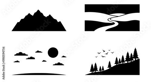Minimalist mountain landscape icons, black silhouette nature scenery set, 4 vector elements of forest, river, and sun for outdoor branding