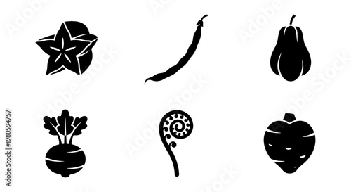 Minimalist tropical vegetable icons, black silhouette exotic produce set of 6 vectors, organic starfruit and fiddlehead fern illustrations