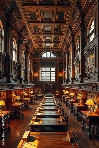 Grand Classical Library Reading Room With Ornate Ceiling V3