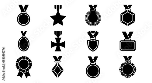 Black medal icon set with 12 award symbols, achievement trophy and military decoration vector elements, winner prize and honor badge collection