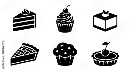 Bakery dessert icons set, 6 black cake and pastry vector elements, minimalist sweet food symbols for cafe menu and restaurant branding